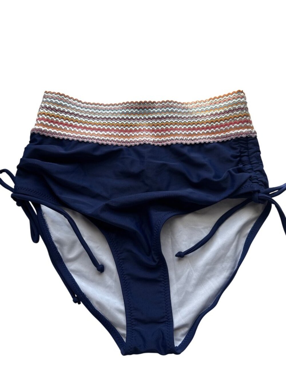 B High Waist Ruched Bikini Bottom S Navy Multicolor Chevron Mix Match Summer